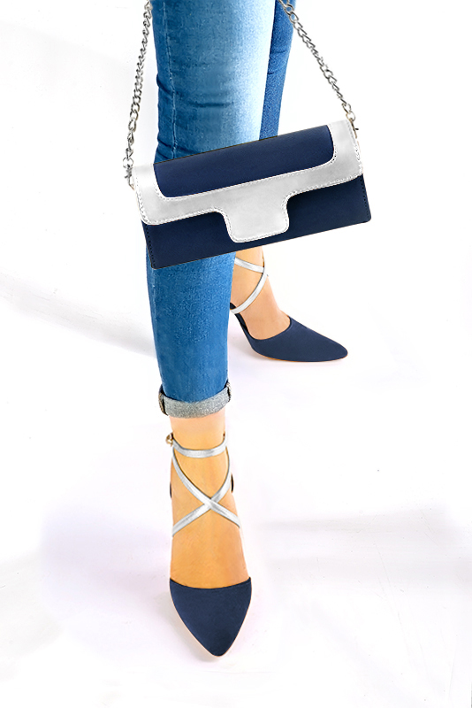 Women's navy blue and silver luxurious elegant clutch for ceremonies, weddings and evenings out. - Worn view